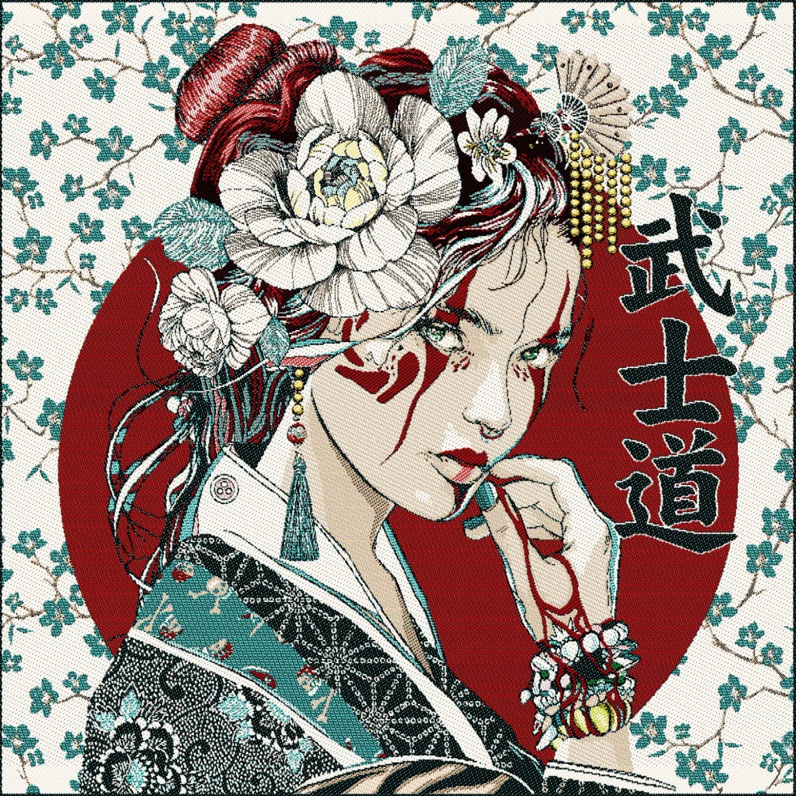 Carré Jacquard Portrait Japonais - Blanc
