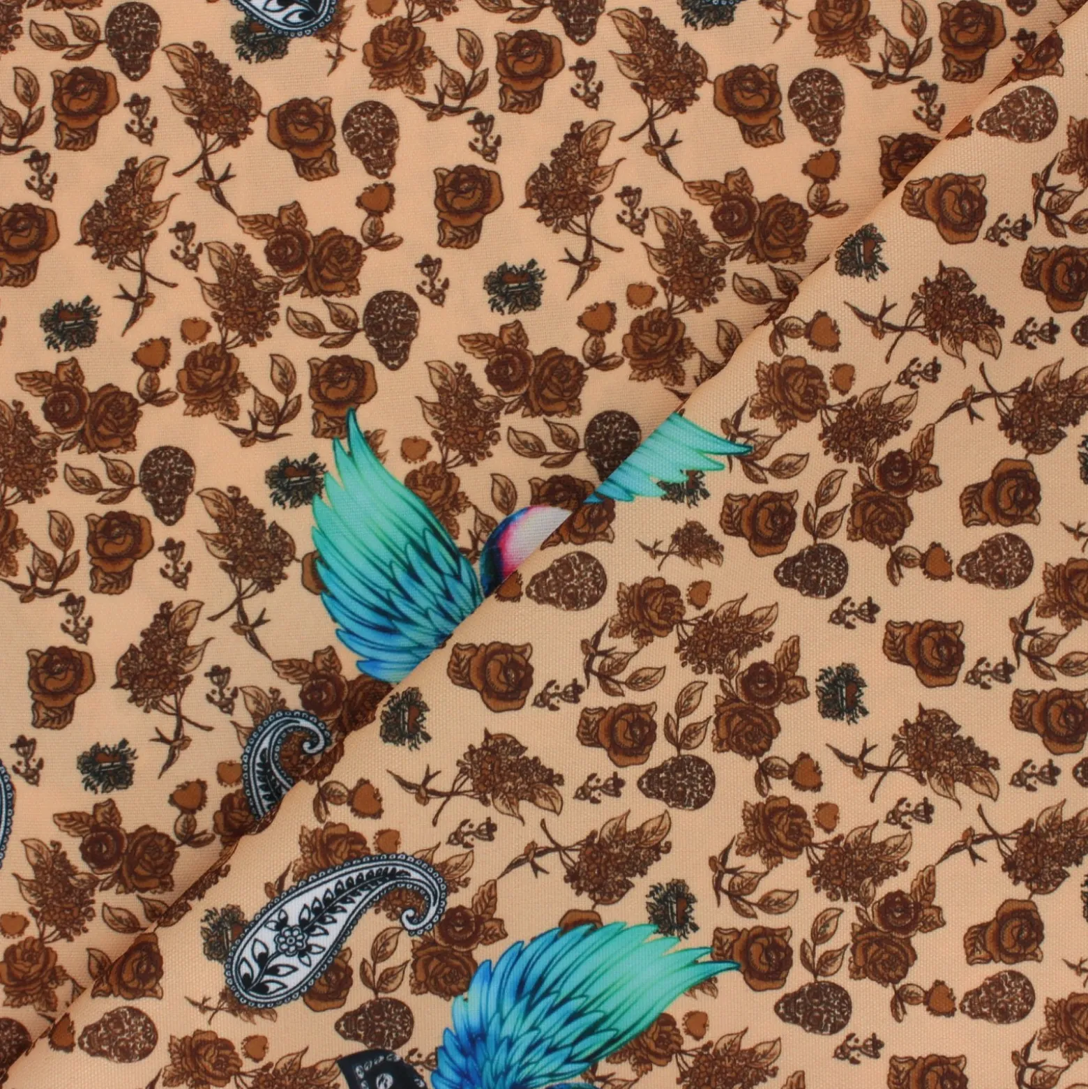 Coupon 100 cm x 150 cm Tissu polyester Winged skull - sable