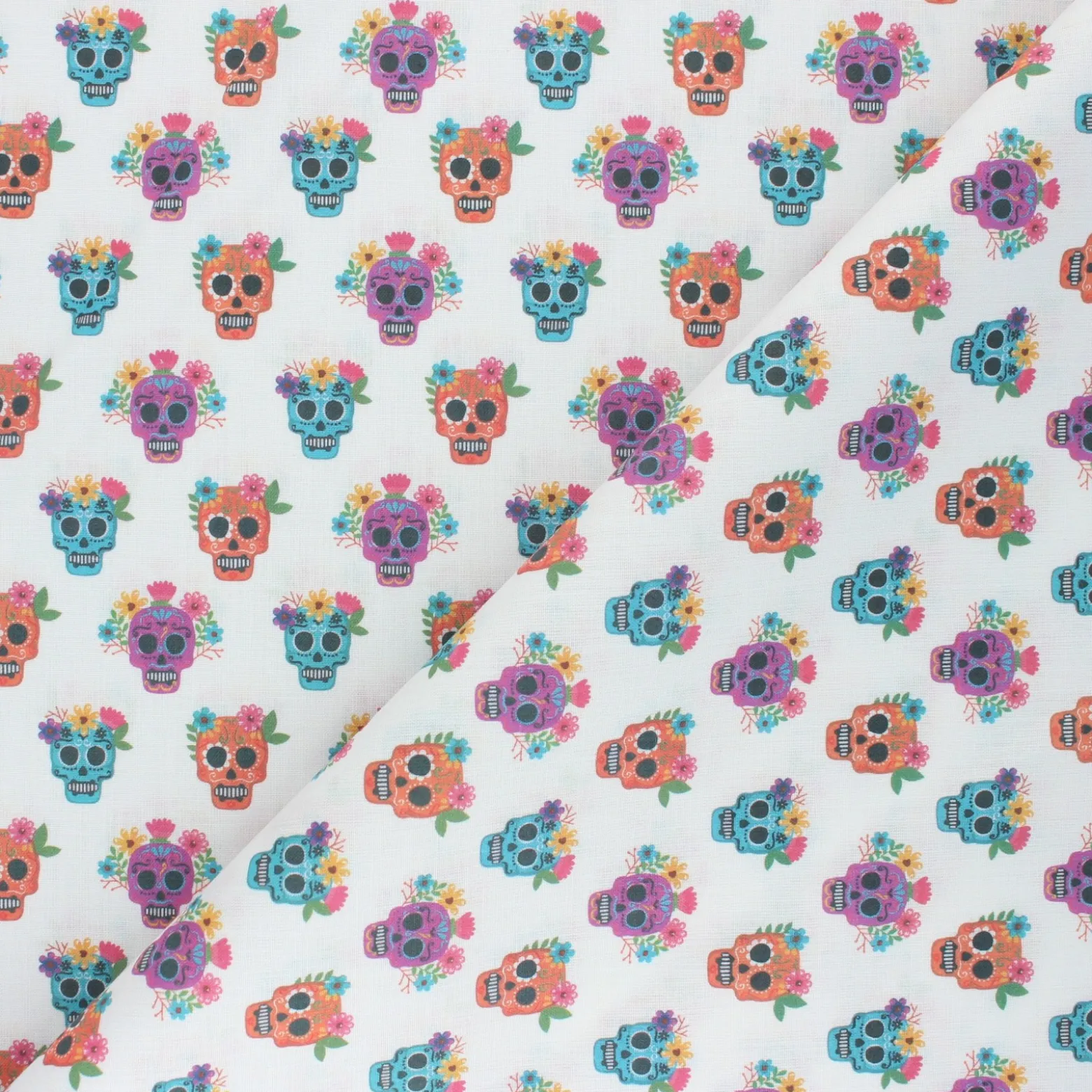 Coupon tissu coton cretonne Floral Calaveras - blanc (50 cm x 140 cm)