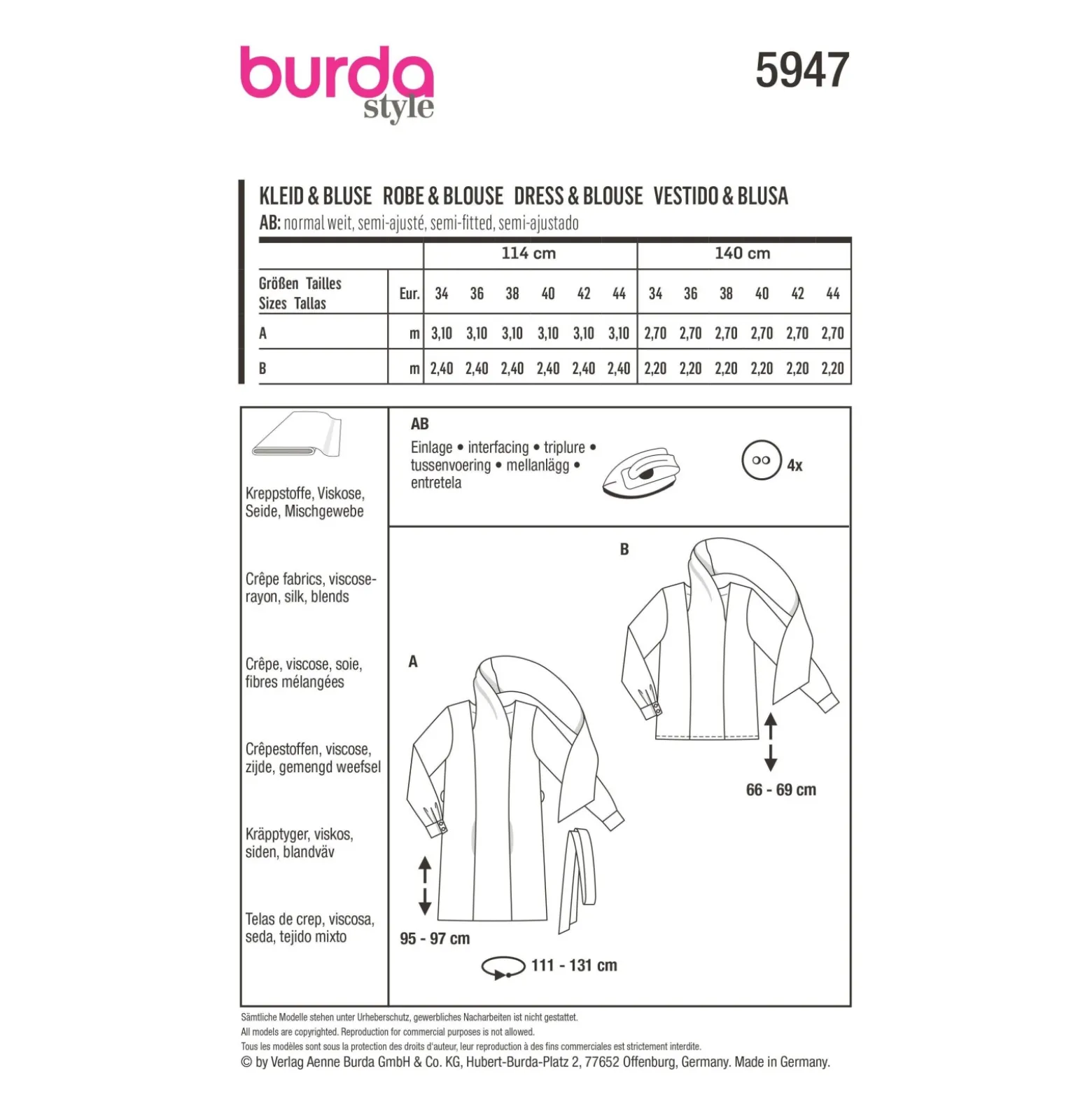 Patron blouse et robe col châle femme - Burda n°5947