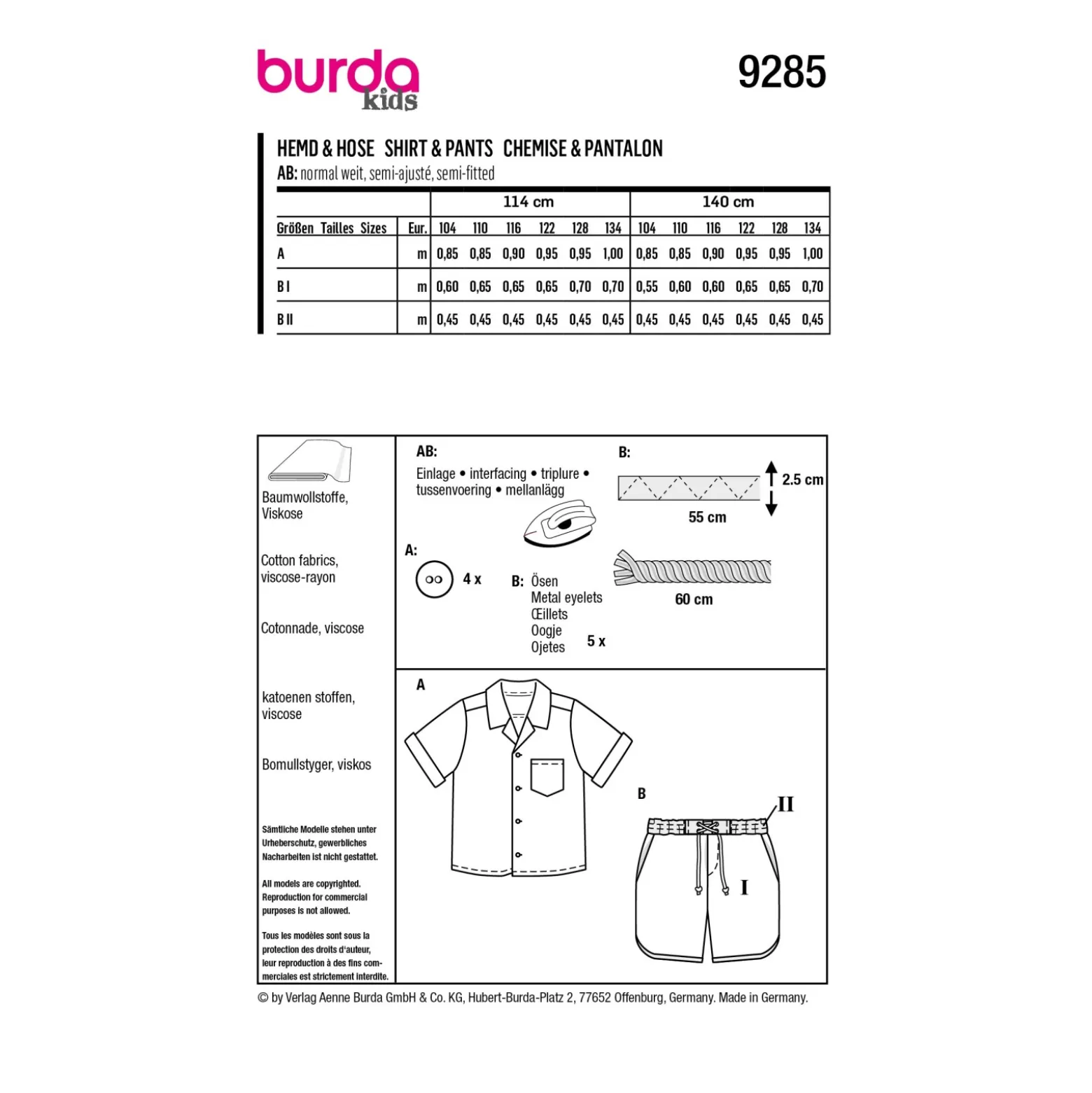 Patron chemise et short enfant - Burda n°9285