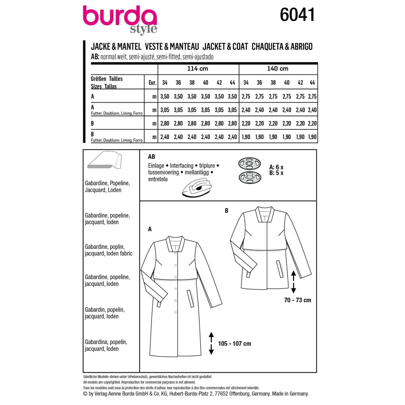 Patron manteau/veste femme - Burda n°6041