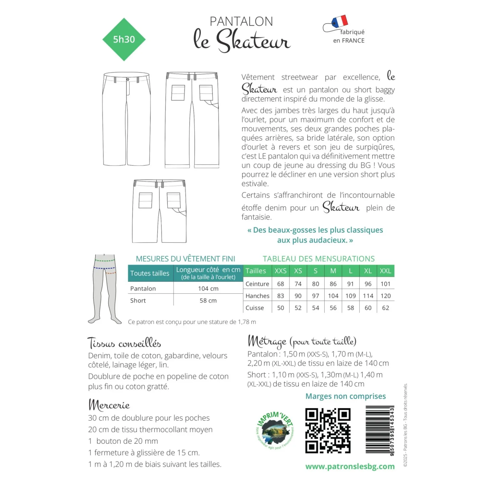 Patron Pantalon et Short Homme Les BG - Le Skateur
