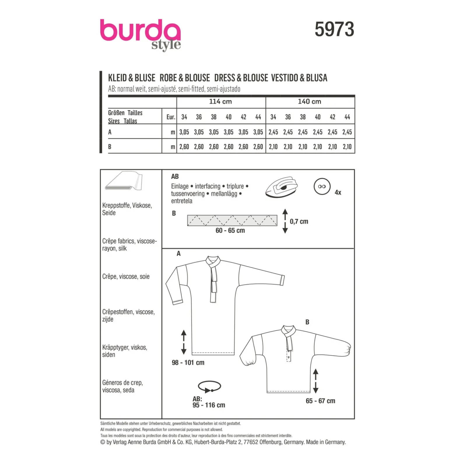 Patron robe/blouse col lavallière femme - Burda n°5973