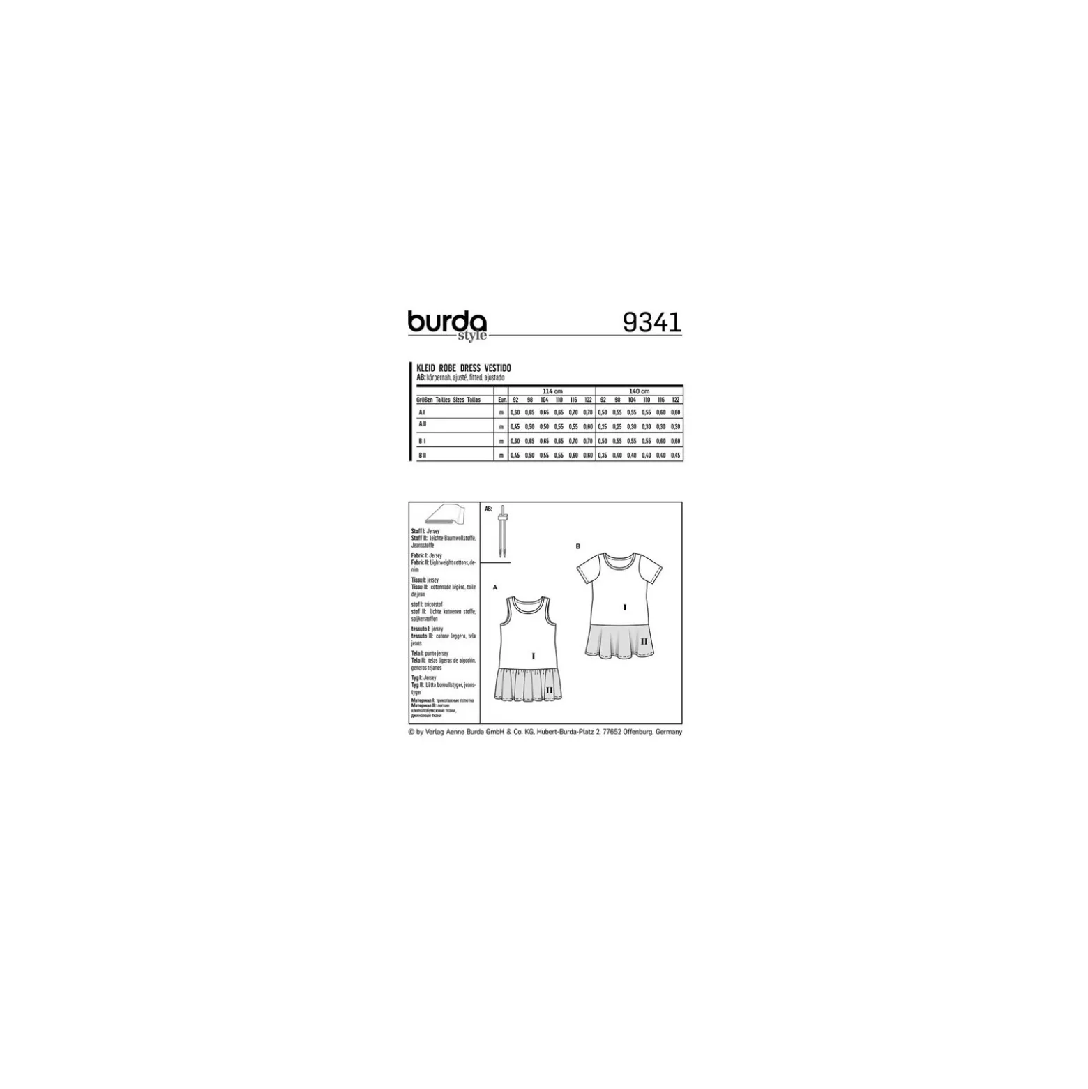 Patron Robe à bretelles – robe façon tee-shirt – jupe montée au-dessous de la taille Burda N°9341