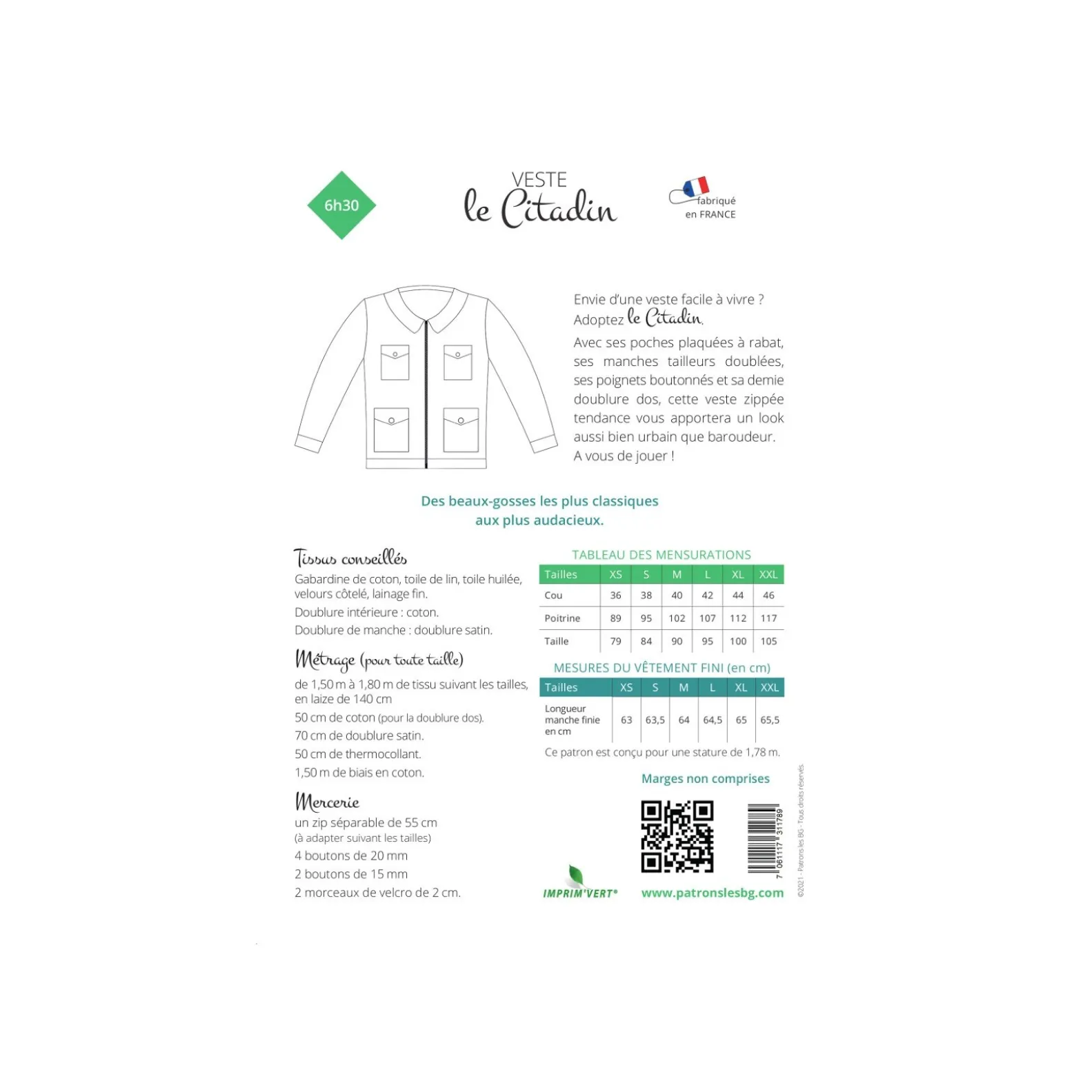 Patron Veste Homme Les BG - Le Citadin