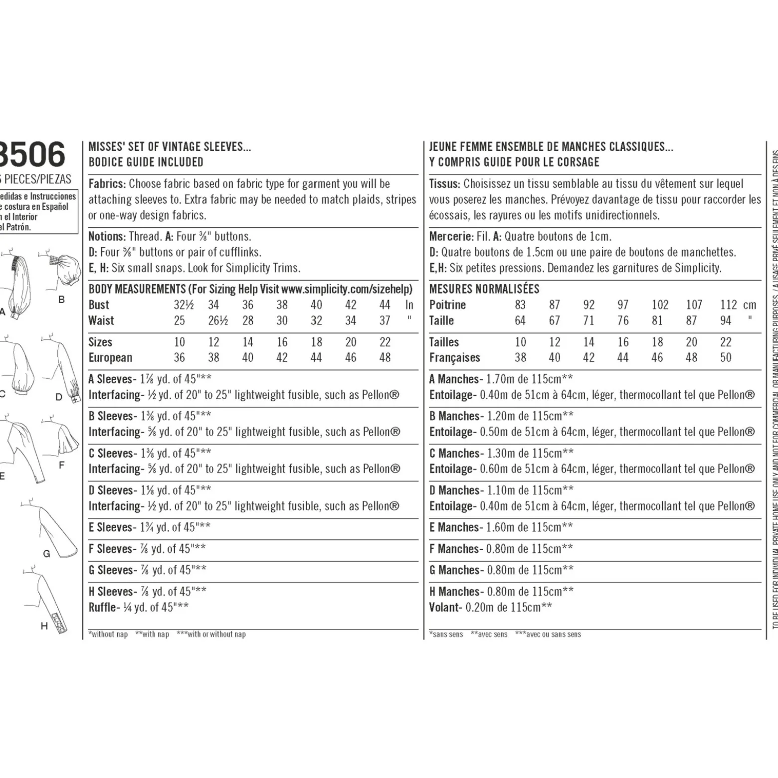 Patron vintage 8 variations de manches Femme - Simplicity n°8506
