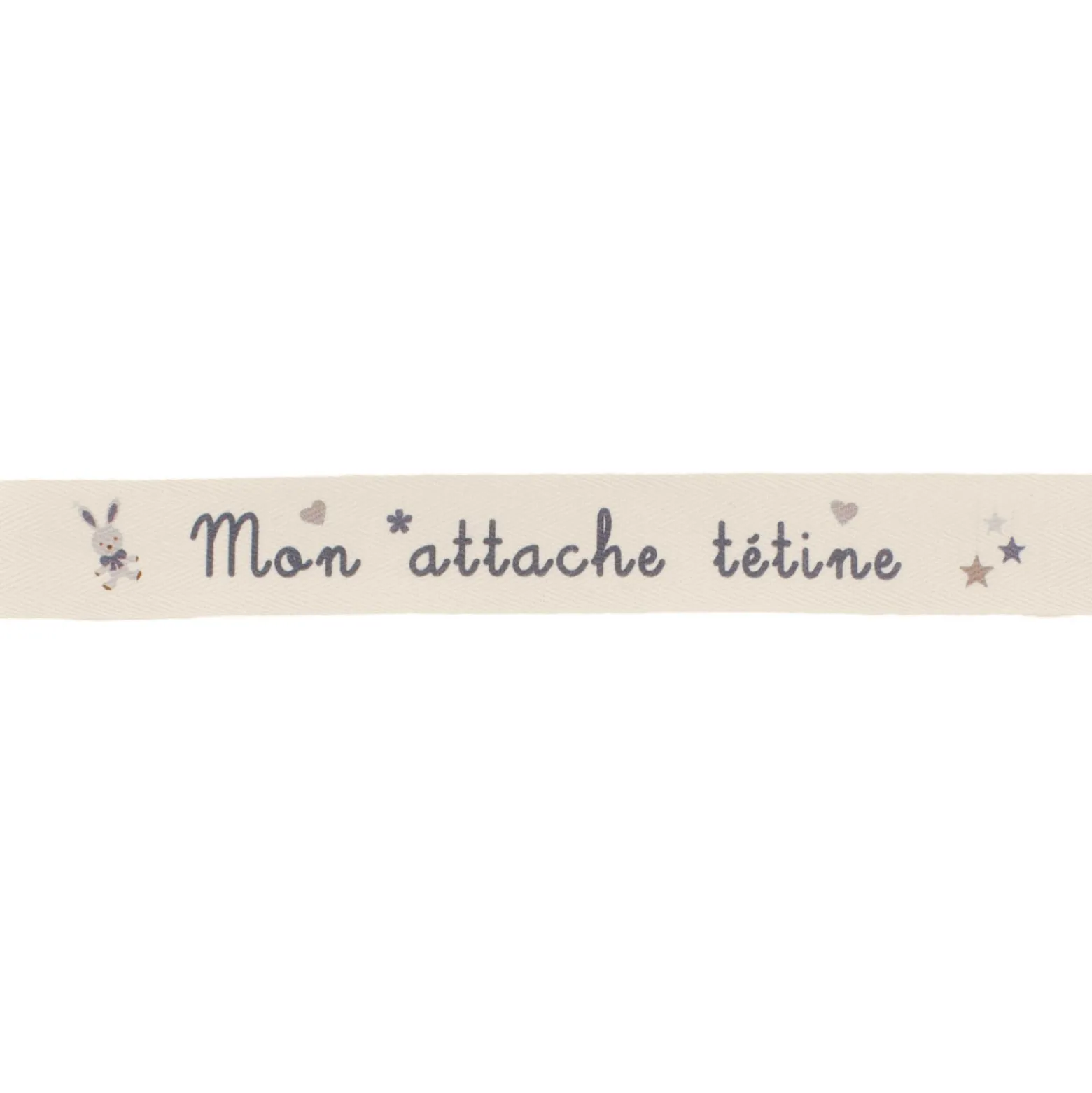 Ruban sergé Mon attache tétine - gris sur fond écru x 35cm