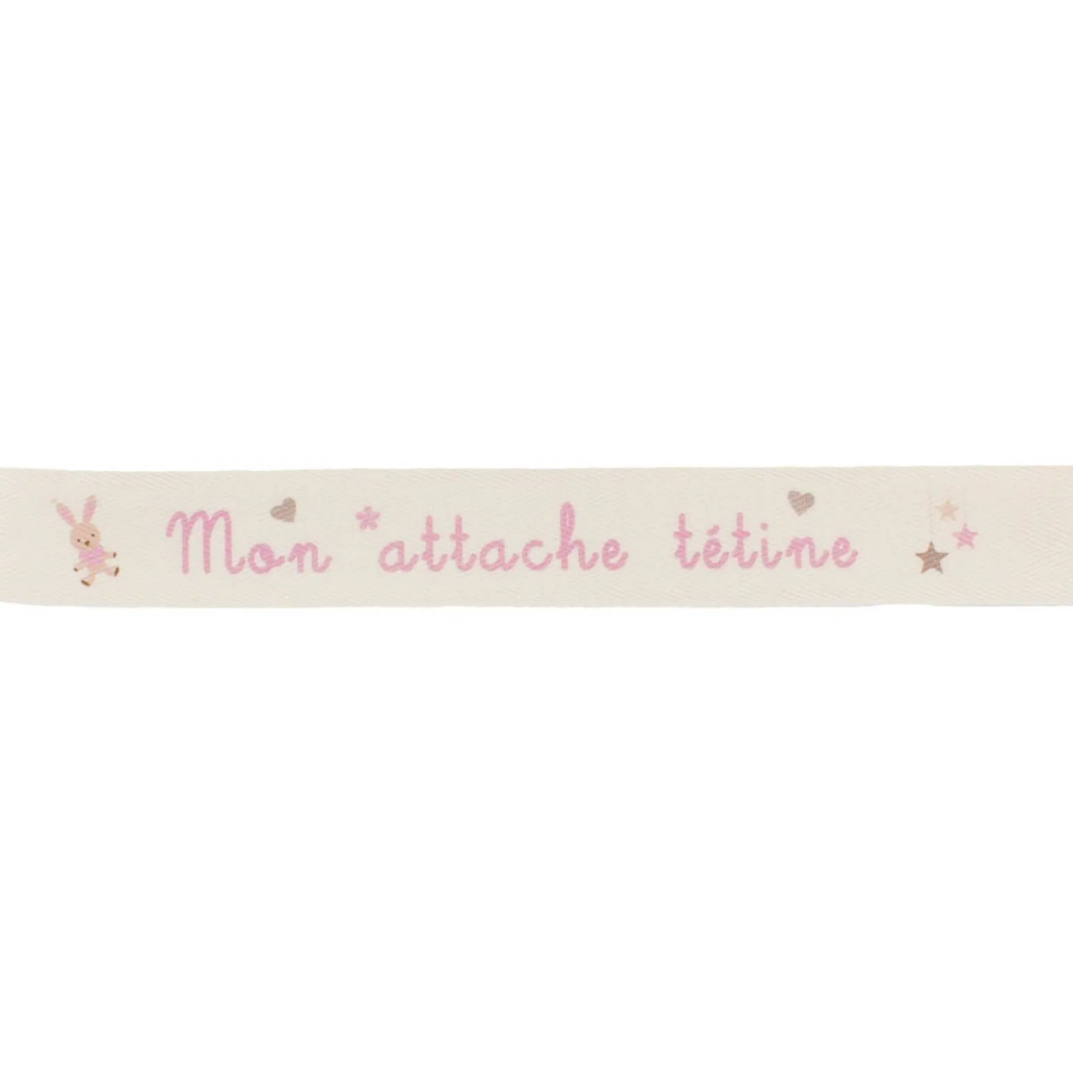 Ruban sergé Mon attache tétine - rose sur fond écru x 35cm
