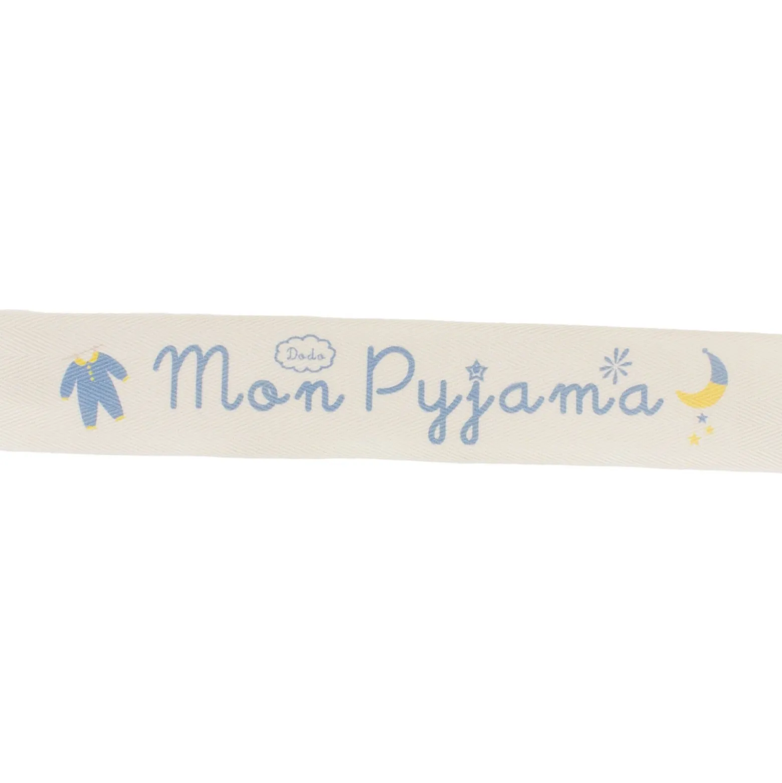 Ruban sergé Mon pyjama - bleu sur fond écru x 25cm