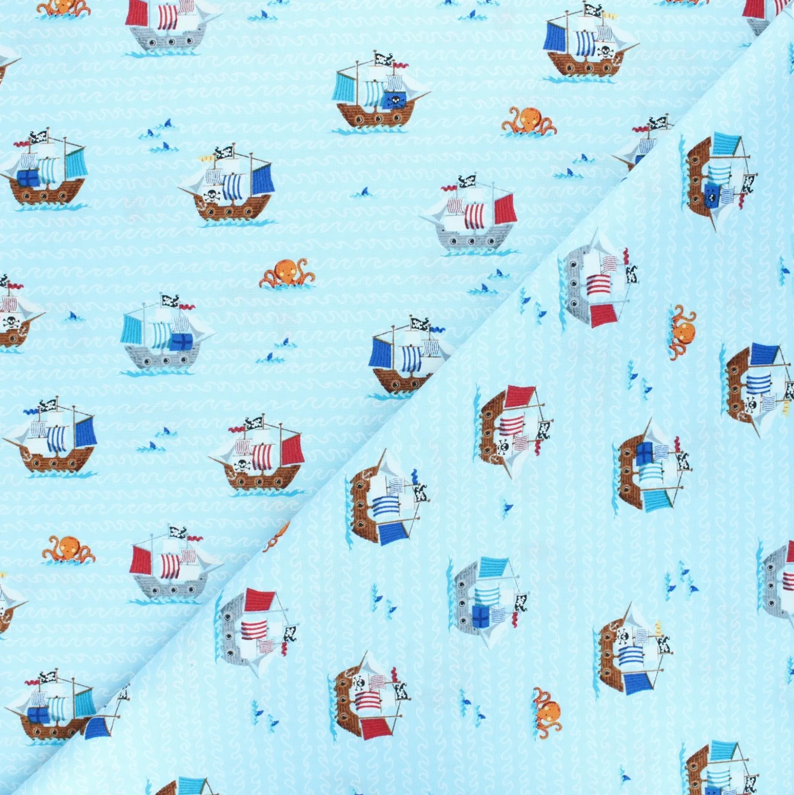 Tissu coton Makower UK Pirate Galleons - bleu clair