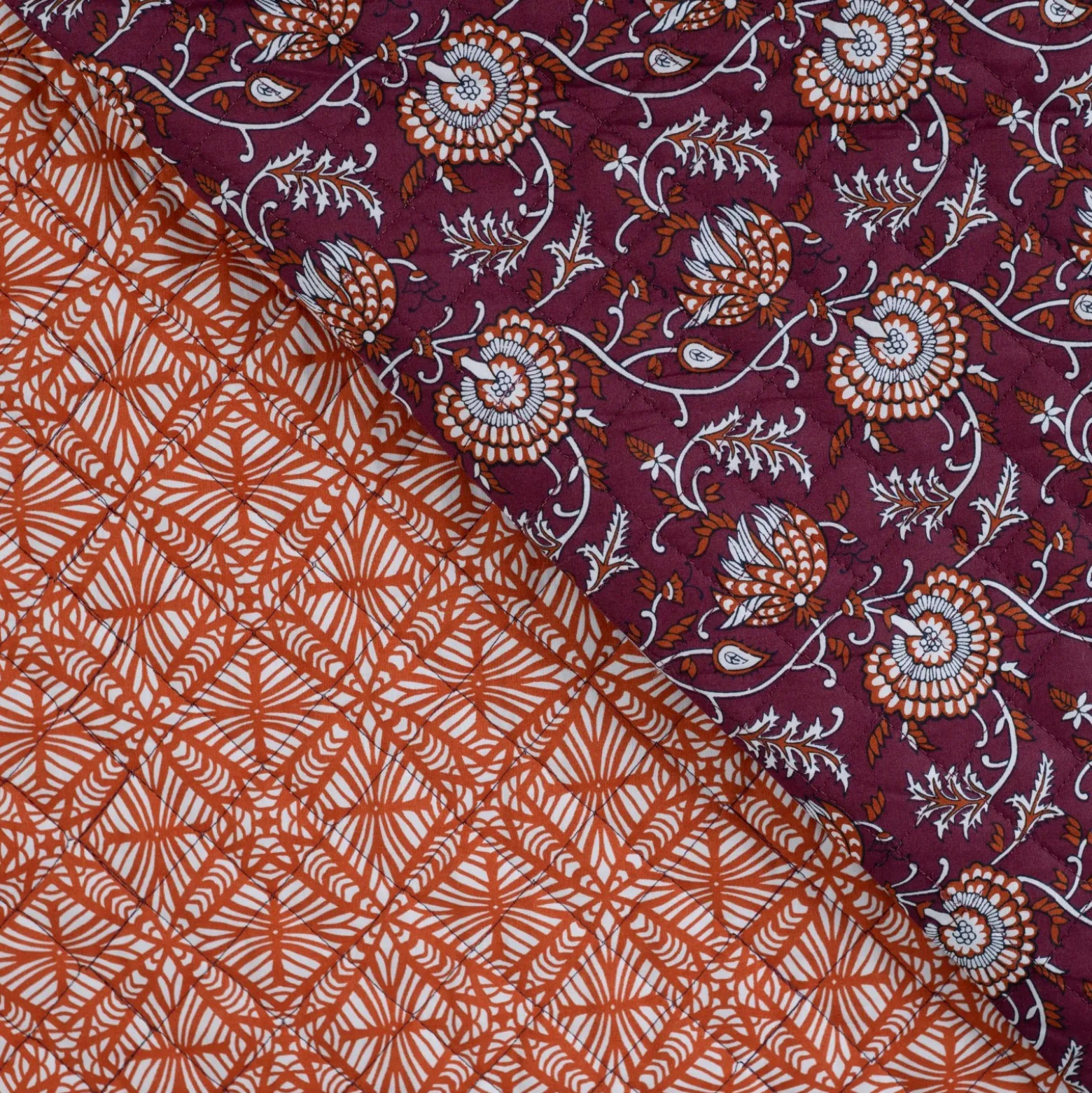 Tissu coton matelassé réversible Ethnic flowers - camel
