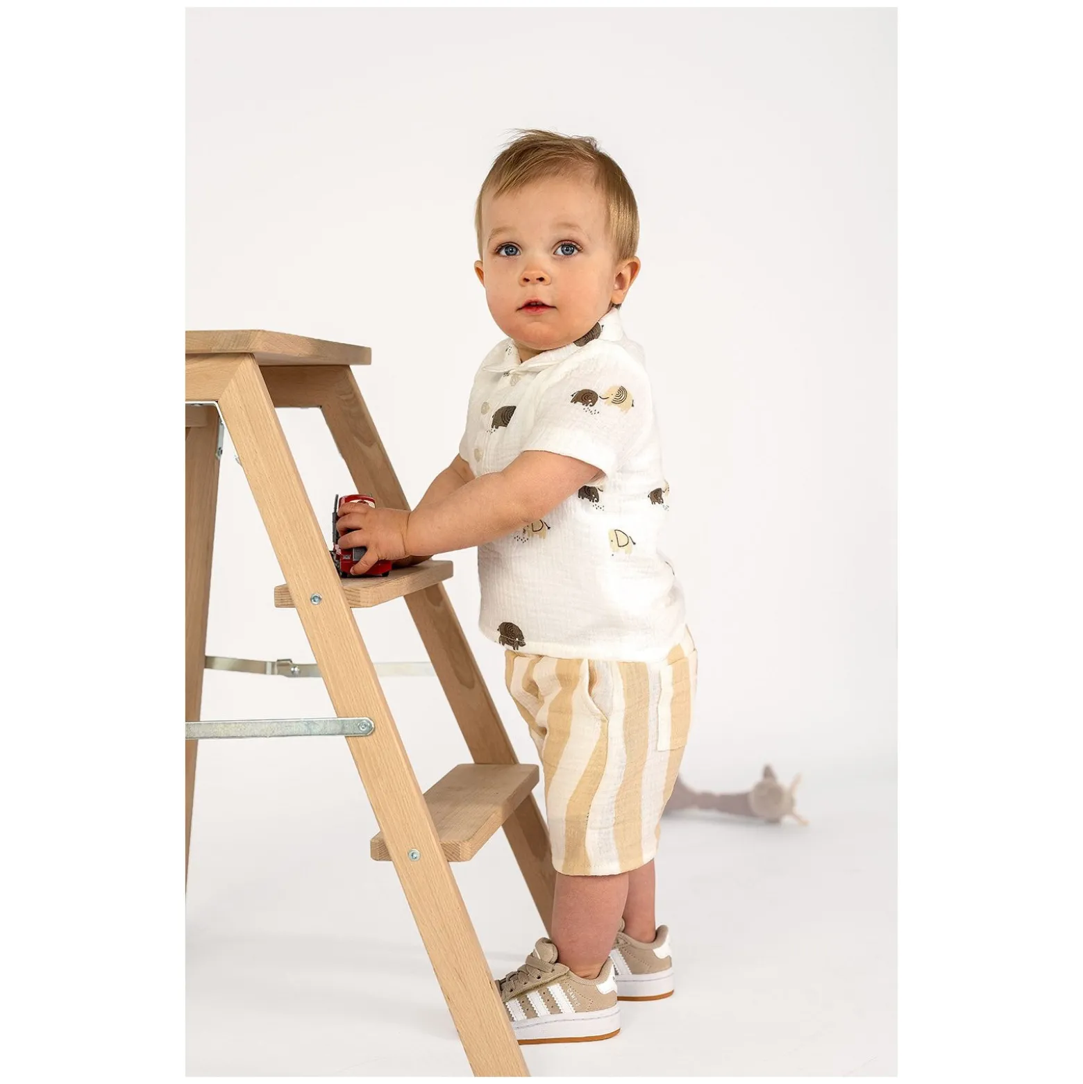 Tissu double gaze de coton rayé - beige