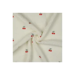 Tissu fourrure sherpa brodé Cerise - écru
