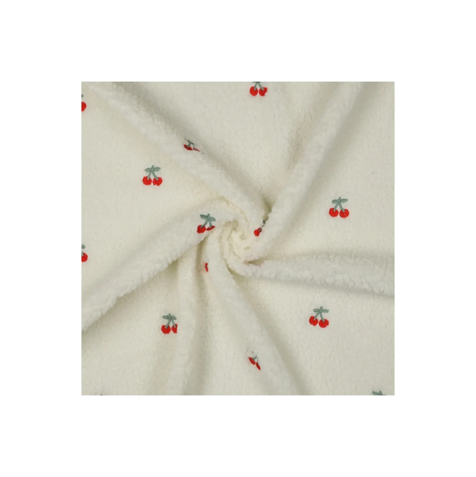 Tissu fourrure sherpa brodé Cerise - écru